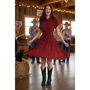 Burgundy Black Cat face swing fit and flare dress Collectif London Retro US 2